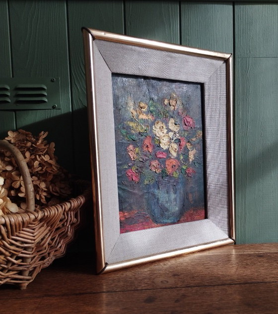 Image 1 of Mazzo di fiori - Olio su tela con cornice.