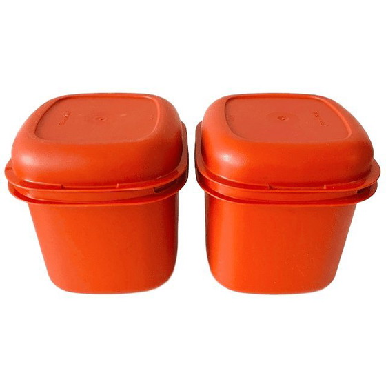 Image 1 of Vintage Tupperware set zes oogstkleur oranje roestbruine kommen opbergbakjes vershoudbakjes 1970's