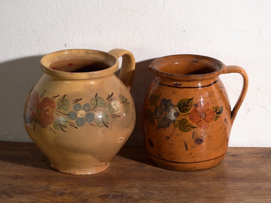 Pair of Vintage Glazed Ceramic Jugs, Central Europe, circa 1950 #1, Crockery, Orange (photo 2 of 13)