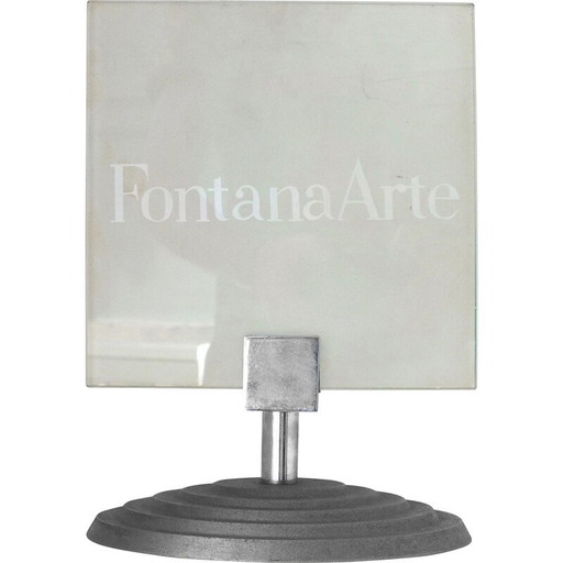 Vintage etched frosted glass table signs for gallery by Fontana Arte, 1980 Puppa and Raggi design