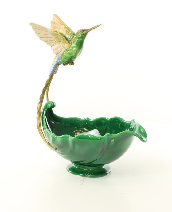 Image 1 of HUMMINGBIRD PLANTER JASMINE PORCELAIN + BRONZE ORMOLU BIRD BOWL SCULPTURE