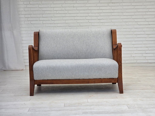 1950s, Scandinavian 2-seater sofa, reupholstered, furniture wool, oak.