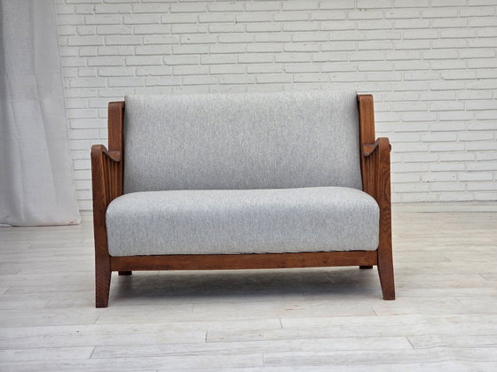 Image 1 of 1950s, Scandinavian 2-seater sofa, reupholstered, furniture wool, oak.