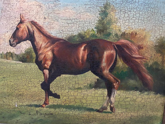 Image 1 of Antique oil painting on panel Thoroughbred Horse Italian School early 1900s
