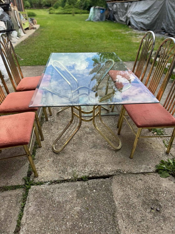 Italian Brass Dining Table and Chairs, 1970s, Set of 7 – Dining set, Glass, Hollywood Regency (photo 4 of 9)