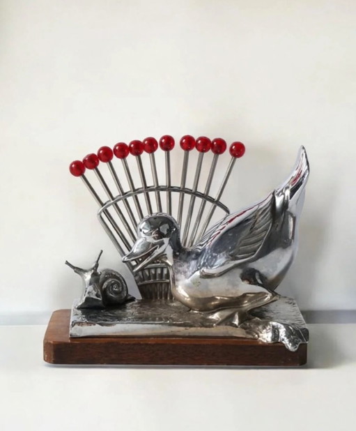 Original Benjamin Rabier Art Deco Chrome on Wood Plaque Cocktail / Punch Pick Set from the 1930s.