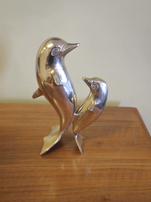 Vintage Messing Delfin Statue Figur 1970er Jahre. Delfin präsentiert