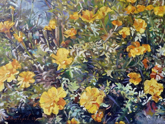 Peinture à l'Huile Originale Art Moderne Fleurs Souci – Peintures et dessins, Canvas, Figuratief (photo 6 of 7)