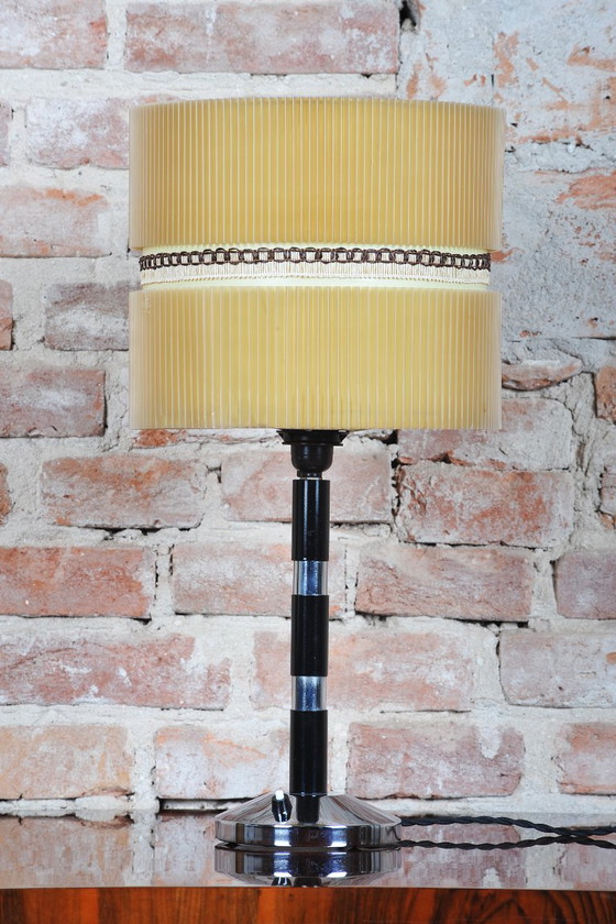 Restored Art Deco Table Lamp Chromed Steel, Beech, Parchment, Czech, 1940s – Metal, Paper (photo 2 of 11)