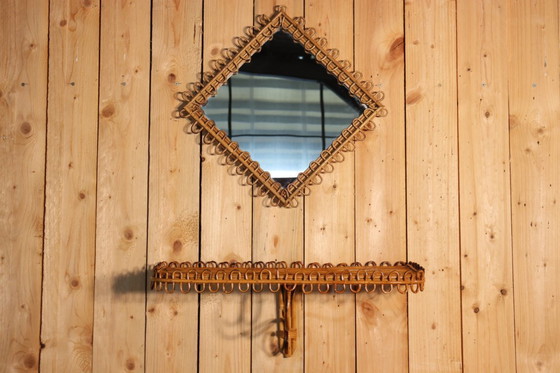 Image 1 of Spiegel en rotan standaard van Franco Albini, Italië 1960