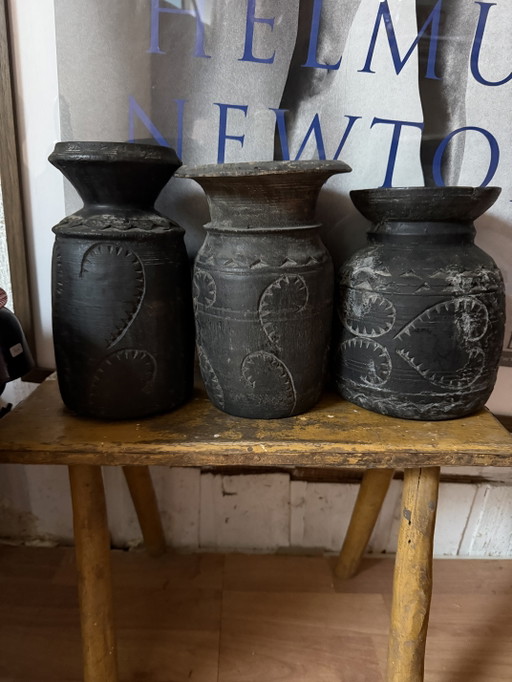 Lot 3 Pots Nepalais inde bois noir sculpté Esprit tribal & wabi-sabi