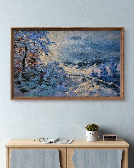 Original Oil Painting Evening Village Landscape In the Winter Mountains – schilderijen tekeningen, Canvas (photo 2 of 7)