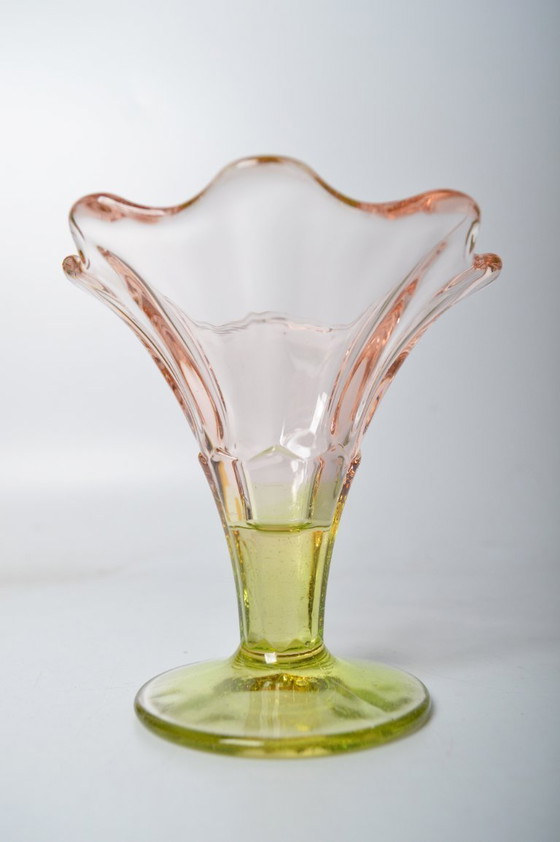Image 1 of Vintage La Rochère France Set of 6 Pink & Green Tulip Champagne Coupes or Dessert Glasses / 1970's-1990's