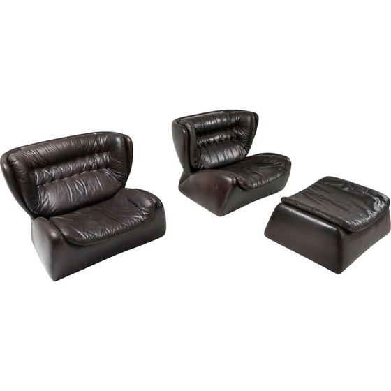 Image 1 of Vintage dark brown "Pasha" lounge chairs and ottoman by Durlet 1970