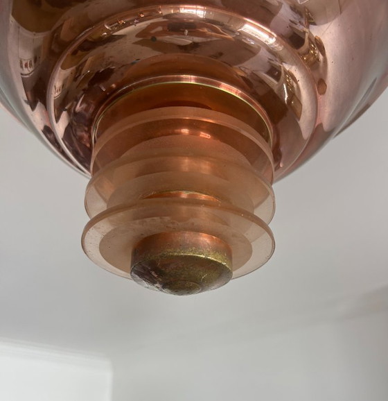 Image 1 of Lustre vintage moderniste, cuivre et verre, France 1930