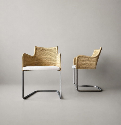 4x Vintage Tecta D43 sledestoelen, William DunkelWilliam Dunkel – eetkamerstoelen, rvs, Textile