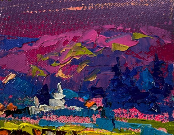 Original Oil Painting Summer Field Landscape Blue Nature Night – Paintings & Drawings, Canvas (photo 4 of 8)
