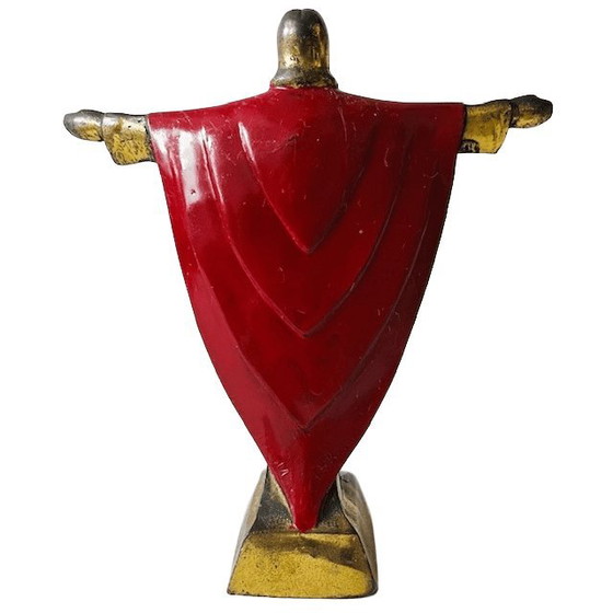 Image 1 of Vintage Jesus Statue, Messing Emaille, rot, 15 cm, 1950er Jahre