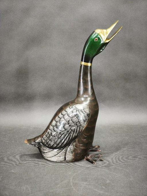 Sculpture de canard en laiton coulé peint à la main, fabriquée en France dans les années 1960