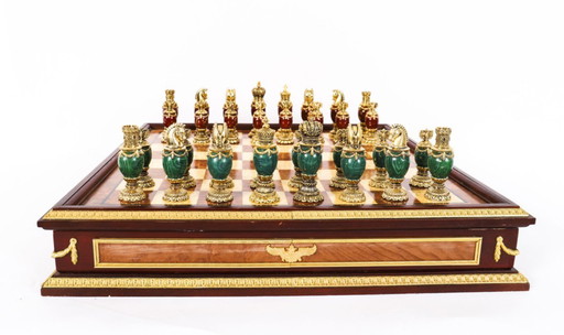 Vintage Fabergé Schachset aus Walnussholz, Amboyna-Marmor und Malachit, 20. Jahrhundert