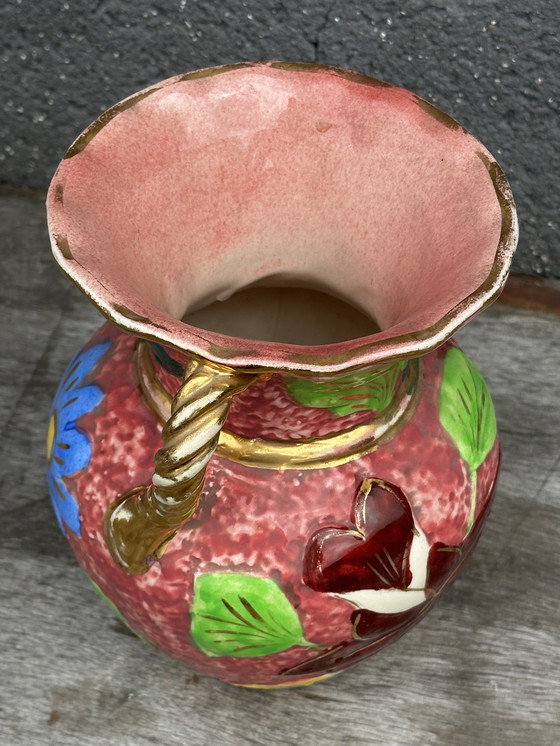 Image 1 of Beau Vase Vallauris Rose Bonbons et Motifs Floraux H 20 cm