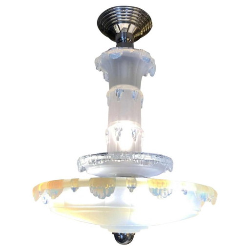 Lustre Art Déco Cascade en Verre Givré Opalescent par Jean Gauthier pour Ezan, années 1930