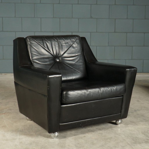 Vintage lederen fauteuil – zwart – jaren 70