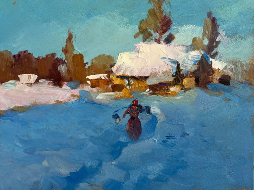Original Oil Painting Winter Day Landscape Early winter morning