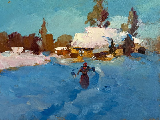 Image 1 of Original Oil Painting Winter Day Landscape Early winter morning