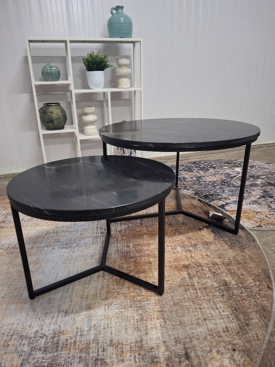 Image 1 of Ensemble de table basse chic avec plateau en marbre véritable et piètement en métal