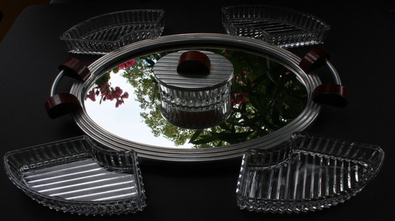 Image 1 of Decorative cabaret, pressed glass serving dishes on a mirrored tray, Art Deco