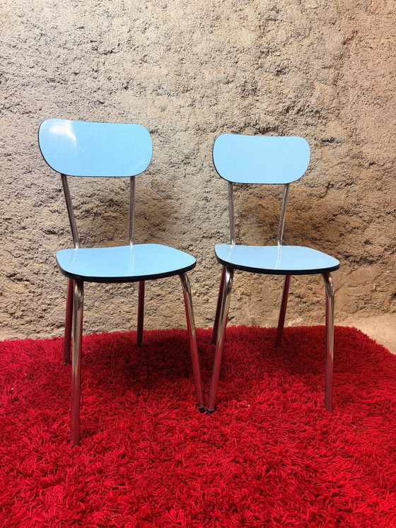 Pair of blue Formica chairs - Vintage 70s, Dining chairs, Metal, Chrome, Black (photo 4 of 15)