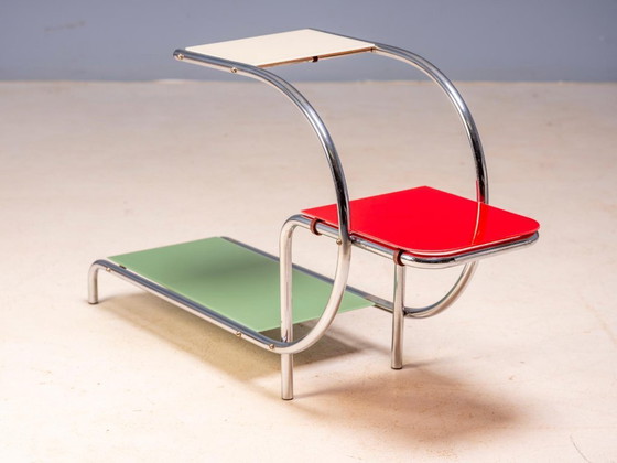 Bauhaus Tubular Steel Flower Stand by Emile Guyot for Thonet, Colored Glass Shelves, 1950s, Czechoslovakia, (photo 7 of 10)