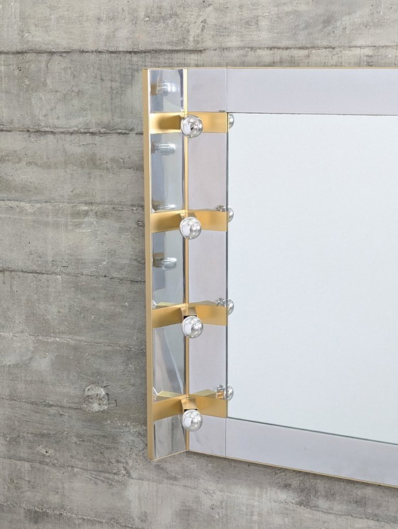 Gaetano Sciolari Mid-Century Modern Illuminated Vanity Wall Mirror in Chrome and Brass, Italy, 1970s – Glass (photo 12 of 18)