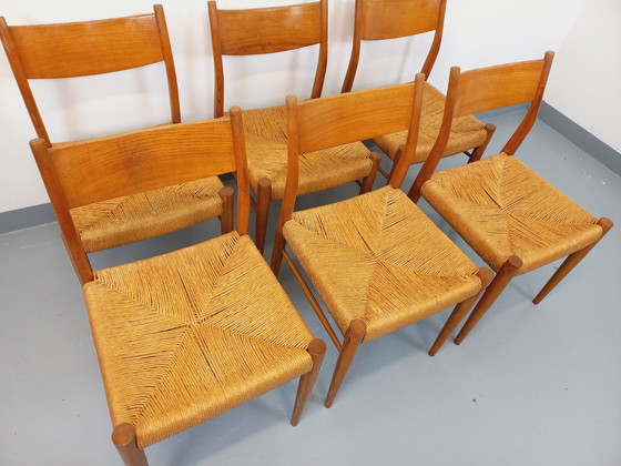 Image 1 of Suite de 6 chaises vintage italiennes en teck et corde danoise Gessef Consorzio Sedie Friuli