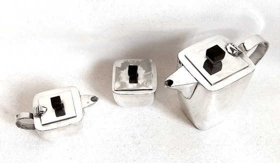 Image 1 of Servizio da tè Art Déco in tre pezzi, in argento e palissandro.