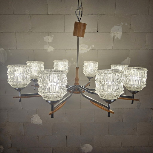 Vintage (1960s) chandelier (8 arms) chrome / wood (mid - Century design pendant lamp