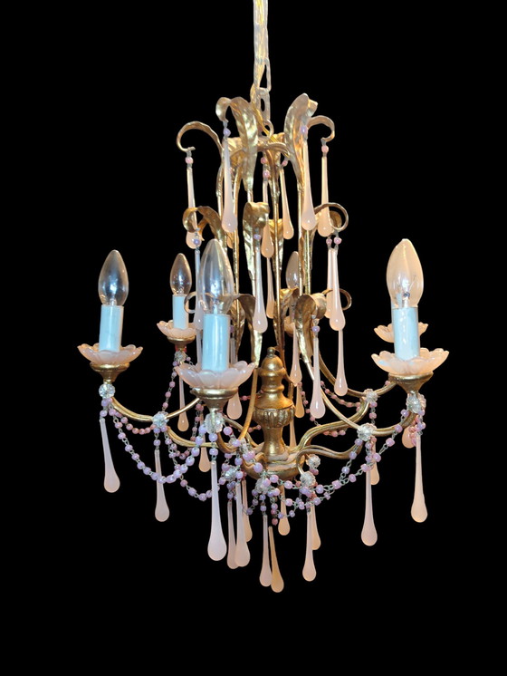 Image 1 of Murano-style pink opal glass lighting set – 6-light chandelier + 2 wall lights
