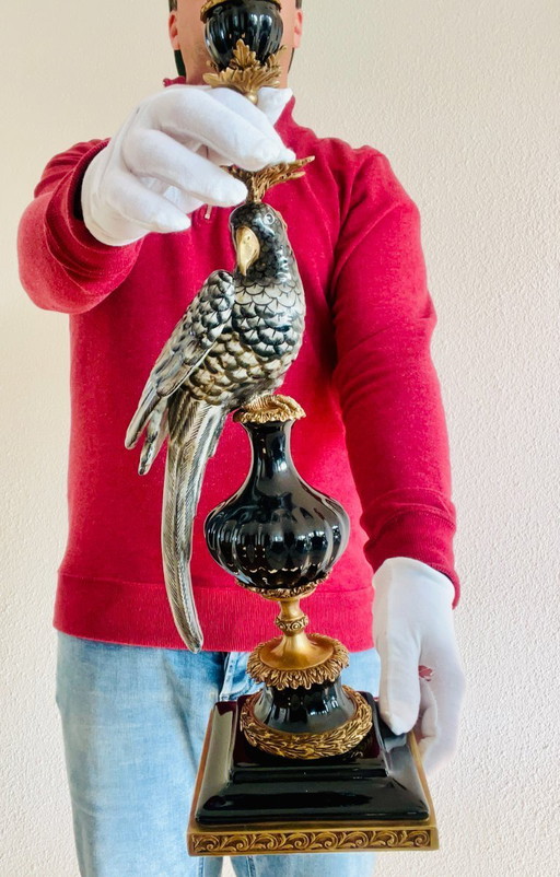 48 cm grote, enorme set - bronzen, porseleinen papegaai kandelaars, nieuwe kandelaars