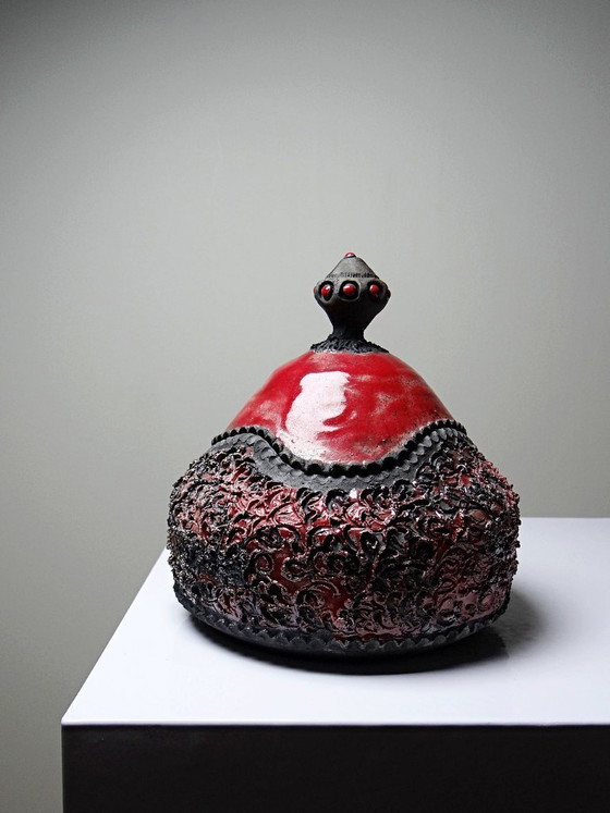 Image 1 of Vintage 2000s handcrafted raku jewelry box in red and grey