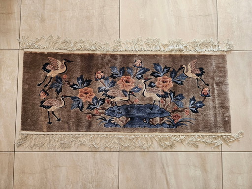 Handgeknoopt zijden vloerkleed met kraanvogelmotief, China, jaren 50