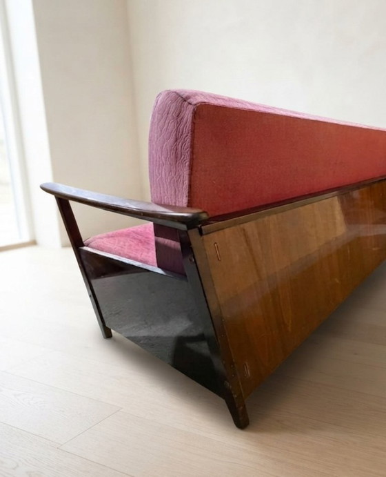 Bordeauxrode opklapbare slaapbank van Edmund Homa, mid-century modern, jaren 60, Tsjechoslowakije, 200 × 88 (photo 11 of 13)
