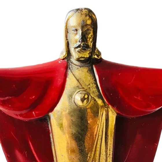 Image 1 of Vintage Jesus Statue, Messing Emaille, rot, 15 cm, 1950er Jahre