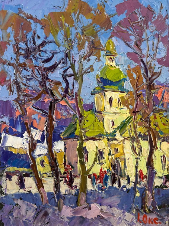 Image 1 of Original Oil Painting Day Church Landscape Spring in every breath