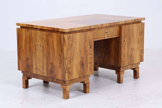 Image 1 of Art Déco desk 1920s original | Antique walnut office desk | Vintage wooden executive desk | #05-18