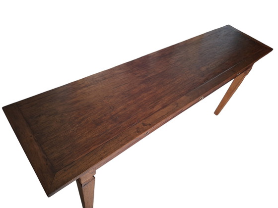Grande table d'appoint ancienne en teck patiné, console murale, dimensions 180 x 43 cm et 78 cm de hauteur. (photo 5 of 6)