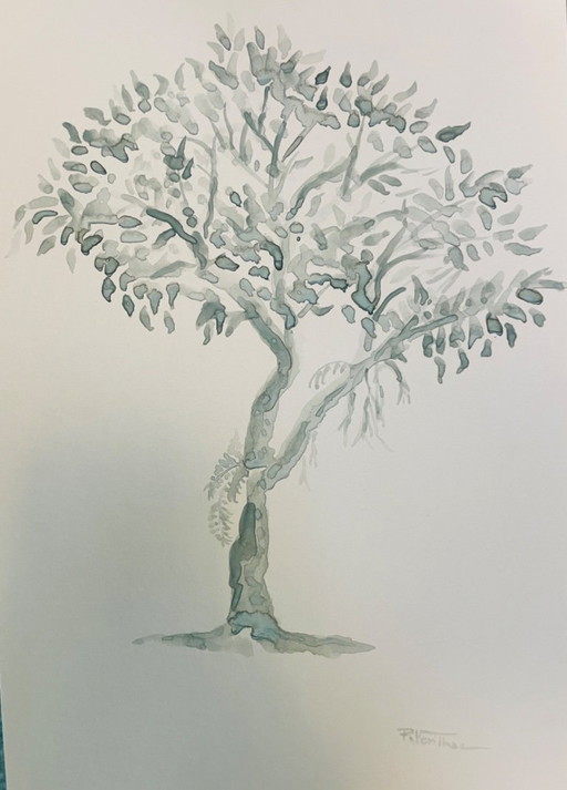 Signed watercolor, monochrome sage green landscape, "solitary tree"
