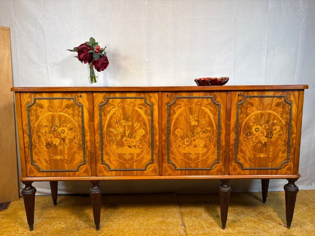 Exceptional Antique Marquetry Inlaid Hall Console / Sideboard – Circa 1900 Satinwood, Tulipwood & Rosewood Floral Inlay