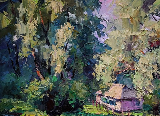 Original Oil Painting Rural Summer Landscape Village House Among Greenery – Paintings & Drawings, Canvas (photo 4 of 7)