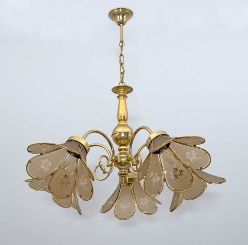 Lustre italien moderne du milieu du siècle en verre et laiton, années 1960